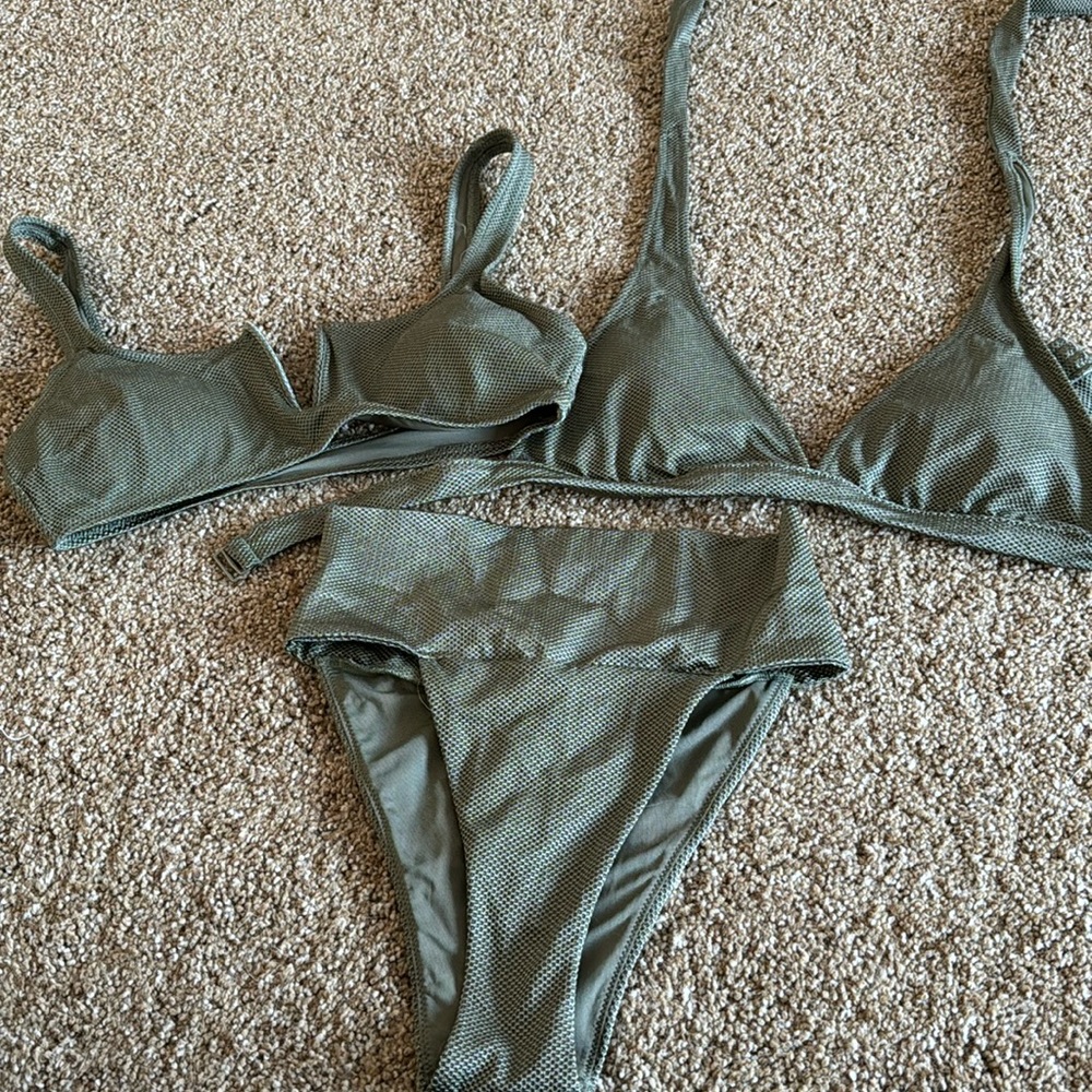 Aerie green high waisted swimsuit. Small bottoms. Medium tops